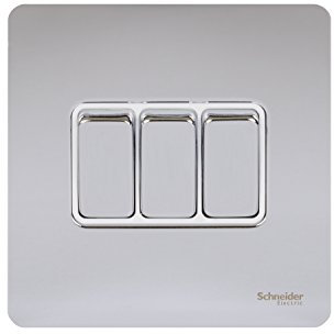Schneider Electric Ultimate Screwless Flat Plate - 3 Gang 2 Way Light Switch, 16AX, GU1432WPC, Polished Chrome with White Insert