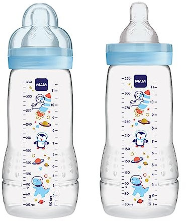 MAM Baby Bottle, Blue, 11 Ounce, 2-Count, (Designs May Vary)