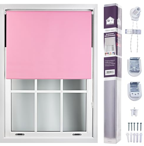 FURNISHED Roller Blinds Window Blackout Blind - 100% Black Out Thermal Fabric Easy Fit Fittings - Custom Made to Measure Blackout Blind Bedroom Bathroom Kitchen, Pink, Up to 150W x 165H cm