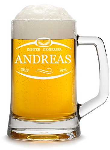 Bierkrug Personalisiert mit Gravur eines Namens und Jahreszahl - Bierseidel Geschenk zum Geburtstag - Motiv Umrandung mit Ähren 0,5l