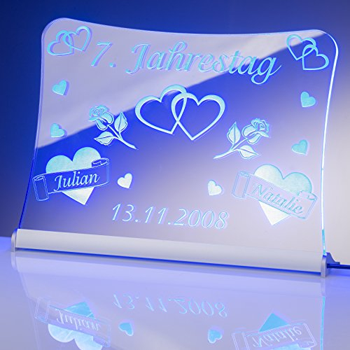 LED Acrylglas Schild Jahrestag, 30x20 cm, mit persönlicher Laser Gravur (blau)