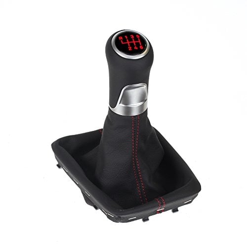 ICT Schaltknauf rot beleuchtet Schaltsack Schaltmanschette Echtleder, Naht rot, 6 gang, kompatibel mit: VW Passat / R36 / TDI/TFSI/TSI 3C / B6 2005 – 2012, Passat CC 2008-2012