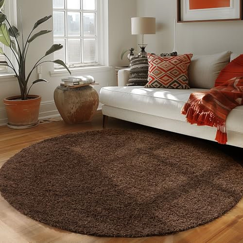Runder Teppich Wohnzimmer Hochflor Einfarbiges Design Langflor Shaggy Modern Flauschig, Farbe: Braun, Größe: 200 cm Rund