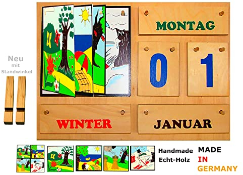 Wunderschöner Jahreszeitenbaum aus Birkenholz | Bunte Schrift | Ewiger Tisch- und Wandkalender | Handmade | mit Standwinkel | Zuhause, Schule, Kita, Seniorenheim | Lern-Dauerkalender | Made in Germany