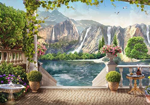wandmotiv24 Fototapete Balkon Seeblick Wasserfall, XXL 400 x 280 cm - 8 Teile, Wanddeko, Wandbild, Wandtapete, Bergblick, Felsen, Terrase M1100