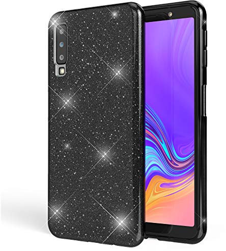 NALIA Hülle kompatibel mit Samsung Galaxy A7 2018, Glitzer Handyhülle Ultra-Slim Silikon-Case Back-Cover Schutzhülle, Glitter Sparkle Handy-Tasche Bumper Dünnes Bling Strass Etui, Farbe:Schwarz
