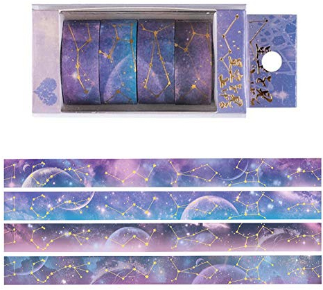 GLITZFAS 4er Set Washi Tape, Sternenhimmel Sternbild Masking Tape Klebebänder Set Dekoband für DIY Scrapbooking (Lila Sternenhimmel)