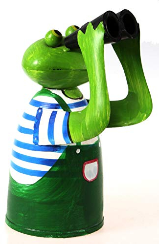 AWEHIRU Schick-Design Zaunhocker Frosch mit Fernglas und blauem Shirt aus Blech 21 cm Figur Metall Deko Garten Balkon Dekofigur Pfostenhocker
