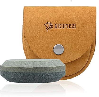 NedFoss Axe Sharpener Tool with Leather Sheath, Sharpening Puck Whetstone Axe & Tools Sharpening Stone, Double Grain Multi-Function Sharpener (Bro