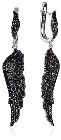 Namana Schwarze Engelsflügel Ohrringe für Damen. 925 Sterling Silber lange Ohrringe für Frauen mit schwarzen Spinell-Edelsteinen. Schwarze Ohrhänger als Flügel in Sterlingsilber mit Geschenkbox