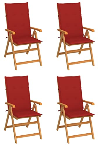 vidaXL Klappstühle, 4er-Set mit roten Kissen, aus massivem Teakholz