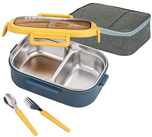 Lille Home 850ml de acero inoxidable a prueba de plomo 2 compartimentos/contenedor de alimentos con bolsa de almuerzo y cubiertos, sin BPA (azul)