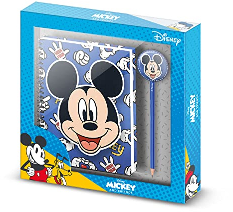 Micky Maus Grins-Geschenkbox mit Notizbuch und Fashion Bleistift, Blau