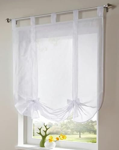 Devola Raffrollo Transparente Voile Raffgardinen mit Schlaufen Cafe Gardine Moderne Rollo Küchengardine Privatsphäre Fenstervorhang BxH 140x140cm Weiß 1er Pack