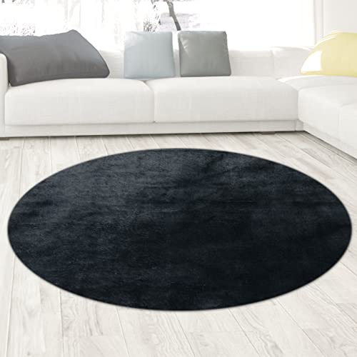 CARPETIA Weicher Teppich Rund Uni Waschbar rutschfest Schwarz Ø 120 cm | Weich, waschbar, rutschfest, pflegeleicht und strapazierfähig, für Wohnzimmer, Schlafzimmer, Flur & Büro
