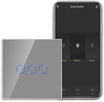 CNBINGO Smart Touch - Interruptor de luz para trabajar con Alexa, Google Assistant, interruptor wifi empotrado, con panel de cristal, interruptor de pared triple en gris, se necesita cable neutro,
