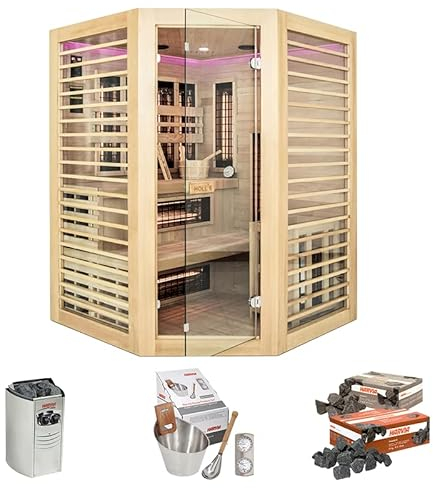 Sauna HOLL's - Venus 3/4 places d'angles - Hybride Vapeur & Infrarouge Dual Healthy + Poêle électrique Harvia Vega 4,5 kW + Seau & Louche + Hygro/Thermomètre + Pierres de laves