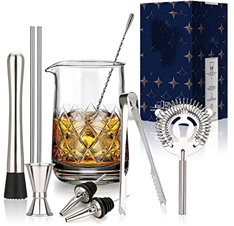 Samnuerly Juego de 10 Piezas de coctelera de Cristal para Mezclar cócteles, coctelera de 750 ml, Kit de Barman para Fiesta en casa, es un Gran Regalo