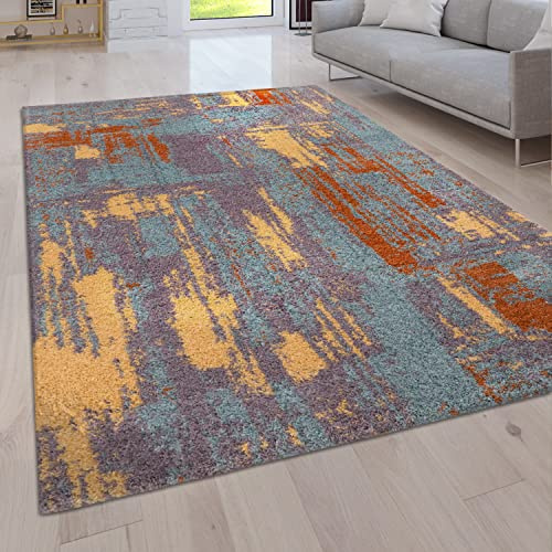 Paco Home Hochflor Teppich Wohnzimmer Schlafzimmer Moderne Vintage Optik Shaggy Abstraktes Muster, Grösse:120x160 cm, Farbe:Bunt 3