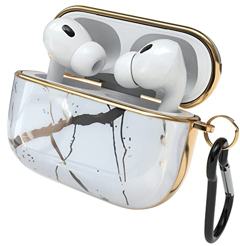 EAZY CASE - Schutzhülle für AirPods Pro 2 Hülle Weiß Hard Case Stoßfest mit Karabiner geeignet als Schlüsselanhänger Antikratz Etui rutschfest Hardcase für Airpod Pro 2. Generation in Marmoroptik Weiß