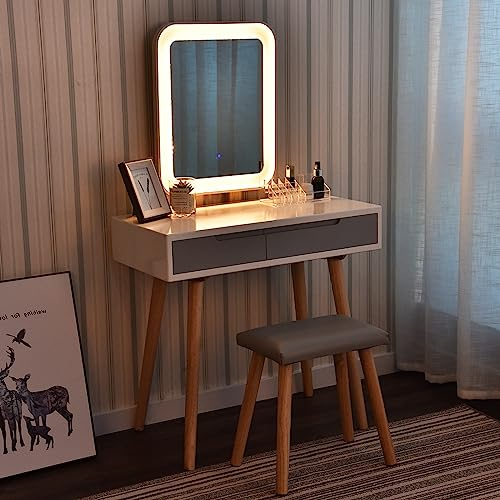 Fullwatt Schminktisch, Schminktisch mit Spiegel und Beleuchtung, mit 3 Farben LED-Beleuchtung, Schublade, Gepolsterter Hocker und Make-up-Organizer (2 Schubladen,Quadratischer Spiegel,Grau)