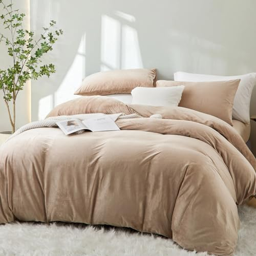 Sedefen Plüsch Bettwäsche 220x240cm Beige Flauschig Flanell Fleece Warme Winterbettwäsche Cashmere Touch Coral Kuschelige Bettbezug und 2 Kissenbezug 80x80cm mit Reißverschluss