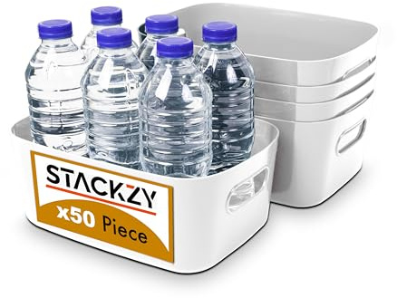 Under Sink Storage Boxes – Strong Storage Baskets with Handles – Home, Kitchen and Bathroom Organiser – Rectangular Multi Use Storage Boxes –– Stackable Pantry Basket – White, 50pcs – by Stackzy
