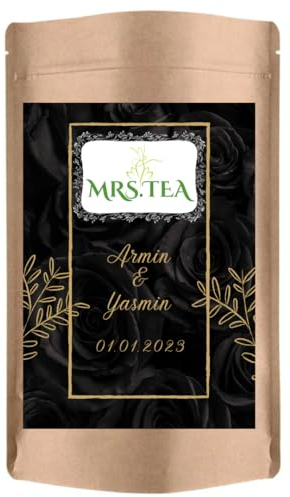 Personalosierter loser Tee | Geschenk Hochzeit Verlobung | Gastgeschenk | Mitgebsel | Mrs. Tea China Jasmin 100g 25 Stück (Schwarze Rosen)