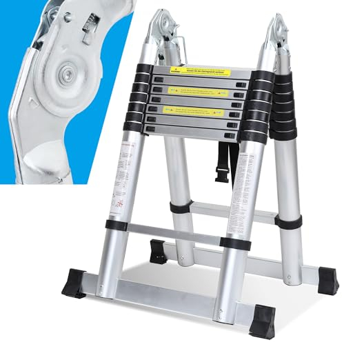 Fiqops Escalera telescópica plegable de aluminio 5 m (2,5 m + 2,5 m), escalera extensible con asa, escalera multiusos antideslizante, escalera portátil de aluminio, capacidad de carga máxima 150 kg
