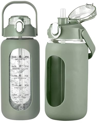 Bouteille d'eau de 32 oz avec Paille, Bouteilles d'eau en Verre avec marqueur de Temps et Manchon en Silicone, Bouteille de Sport de Motivation pour l'école et Le Bureau, Vert, Bouteilles d'eau, Bout
