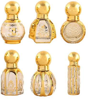 CHSEEO Essential Oils Roller Bottles, 6 Pcs Mini Refillable Empty Vintage Perfume Essential Oil Roll on Dispenser Bottles Egyptian Arabic Style, 6 ml for Travel Perfume Aromatherapy Container, Gold