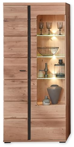 Vitrine in Altesche massiv, Old Artisan Oak Optik FSC-zertifiziert - Moderner Vitrinenschrank mit LED-Beleuchtung und viel Stauraum - 90 x 203 x 38 cm (B/H/T)