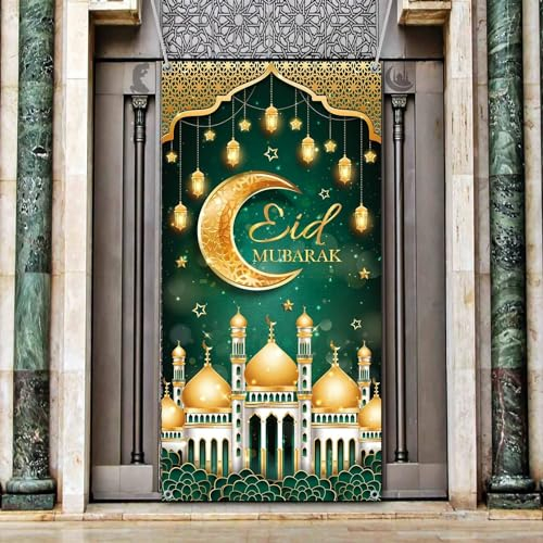 KEPMOV Eid Mubarak Türbanner, Grün Gold Ramadan Mubarak Türabdeckung Ramadan Dekorationen für Zuhause, Eid Mubarak Ramadan Hintergrund mit Mondburgen Zeichen für Muslimische Wanddekoration Party