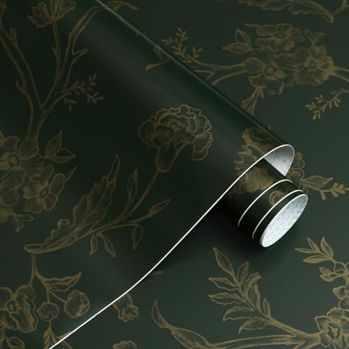 CiCiwind Selbstklebende Tapete Gold und Grün Blumen Tapeten 44×500cm Blumen und Vögel Tapete Wasserdicht Möbelfolie Selbstklebend Wand Möbel Vinyl Klebefolie