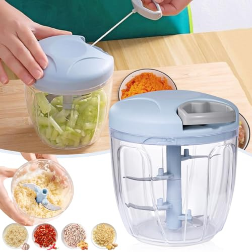 NIUAWASA Hachoir Manuel 900 ml, Hachoir Manuel Avec Cordon de Serrage Robot de Cuisine Avec Lames en Acier Inoxydable Slicer Dicer Grinder pour Oignons Ail Noix (Bleu)
