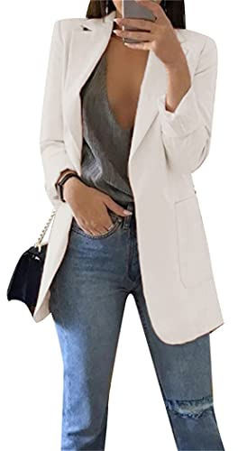 OMZIN Damen Office Open Front Jacke Solider Langarm Blazer mit Taschen Arbeits Blazer Weiß XL