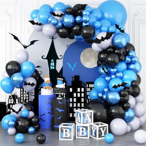 Blue Black and Grey Balloons Garland Arch, Metallic Blue Black Grey Blue Latex Balloon with Bat Sticker Bat Superhero Birthday Party Balloon, for Boys Baby Shower Men Bat Themed Superhero Decor
