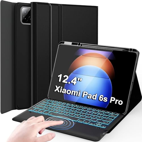 Wineecy Beleuchtete Tastatur Hülle für Xiaomi Pad 6S Pro 12.4 Zoll Tablet 2024, Magnetisch Abnehmbare Kabellose Bluetooth QWERTZ Tastatur mit Touchpad und PU Leder Pencil Halter Schützhülle