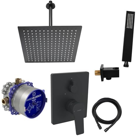 vanvilla Duschsystem mit Unterputz Duscharmatur von Hansa Twist Einhebelmischer und vanvilla Regendusche mit Armatur, Duschkopf eckig, Dusch-SET AS103 schwarz matt