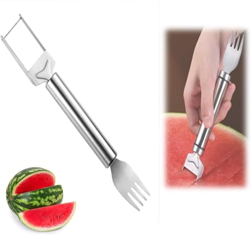 Silver Watermelon Fork Stainless Steel Watermelon Slicer Watermelon Cutter Fruit Slicer Stainless Steel Fruit Cutter Double Head Watermelon Slicer Cutter Tool for Home Party Fruit Peelers and Slicers