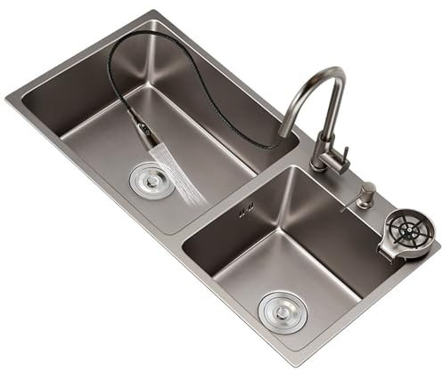 Fregadero Cocina 2 Senos 88x45cm, Fregadero Moderno Multifuncional, Fregadero de Cocina de Acero Inoxidable, para Cocina, Restaurante, Bar, Jardín