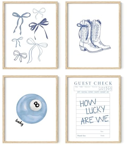 XYDEG Blaue Kokette adrette ästhetische Dekoration, Küstenenkelin, Cowgirl-Wohnheim, Kunstdrucke, 4 Stück, Lucky 8 Ball Bow Poster, 20,3 x 25,4 cm, ungerahmt