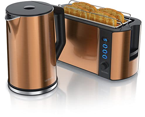 Arendo - Wasserkocher mit Toaster SET Edelstahl Kupfer, Wasserkocher 1,5L 40° 100°C Warmhaltefunktion Toaster 4 Scheiben Display 6 Bräunungsgrade Brötchaufsatz
