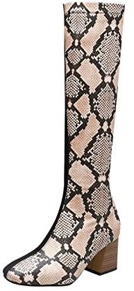 Generico Stivale Donna in Pelle Stivali Estivi Donna Bassi Scarpe da Donna retrò a Contrasto di Tacchi Alti Stivali con Cerniera sulla Coscia in Pelle di Serpente Stivali Donna Estivi (Black, 40)