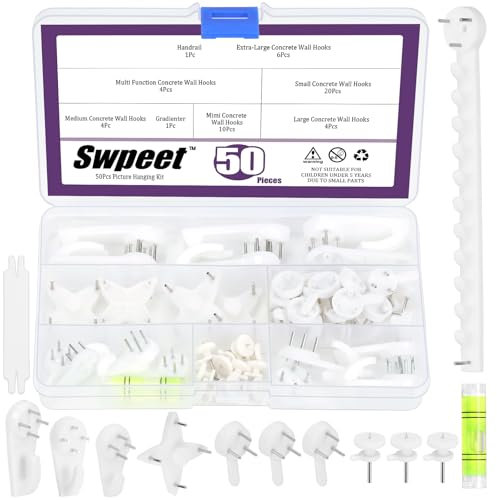 Swpeet Kit de 52 crochets muraux en béton, crochets de suspension pour cadre photo, crochets de suspension invisibles, crochets muraux sans dommages pour cloison sèche, stuc, béton, murs durs pour