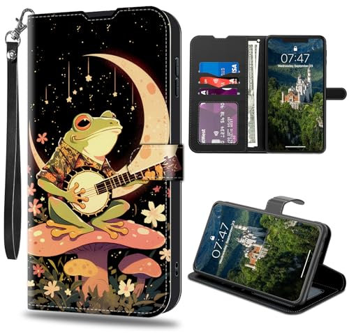 CAPAUNVDA for Google Pixel 8A Wallet Case with Credit Card Slots Holder, PU Leather Shockproof RFID Blocking Cover for Google Pixel 8A,Frog Play on Mushroom