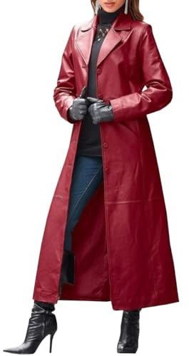 TACSTRUN Frauen PU Kunstleder Jacke Maxi Lange Klassische Motorrad Jacke Leichte Vegan Pleather Revers Mantel