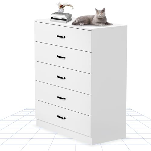 FLEXISPOT Kommode mit 5 Schubladen 36 x 75 x 90 cm Sideboard mit RIESIGEN Stauraum für Schlafzimmer und Wohnzimmer verstärkten Schubladenschienen und Kippschutz Weiß