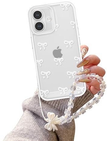 EYZUTAK Case for iPhone 16 Plus, Clear Cute Ribbon Bowknot Aesthetic Phone Case with Charm Bracelet Chain Raised Camera Protection Stylish Soft Durable TPU Protective Cover for Women Girls - White