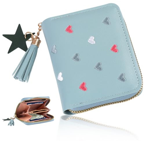 Hioip Petit Portefeuille Femme, Porte Monnaie en Cuir PU Fermeture Eclaire, Porte Feuille et Porte Carte avec Blocage RFID pour Filles et Garçons (Bleu)